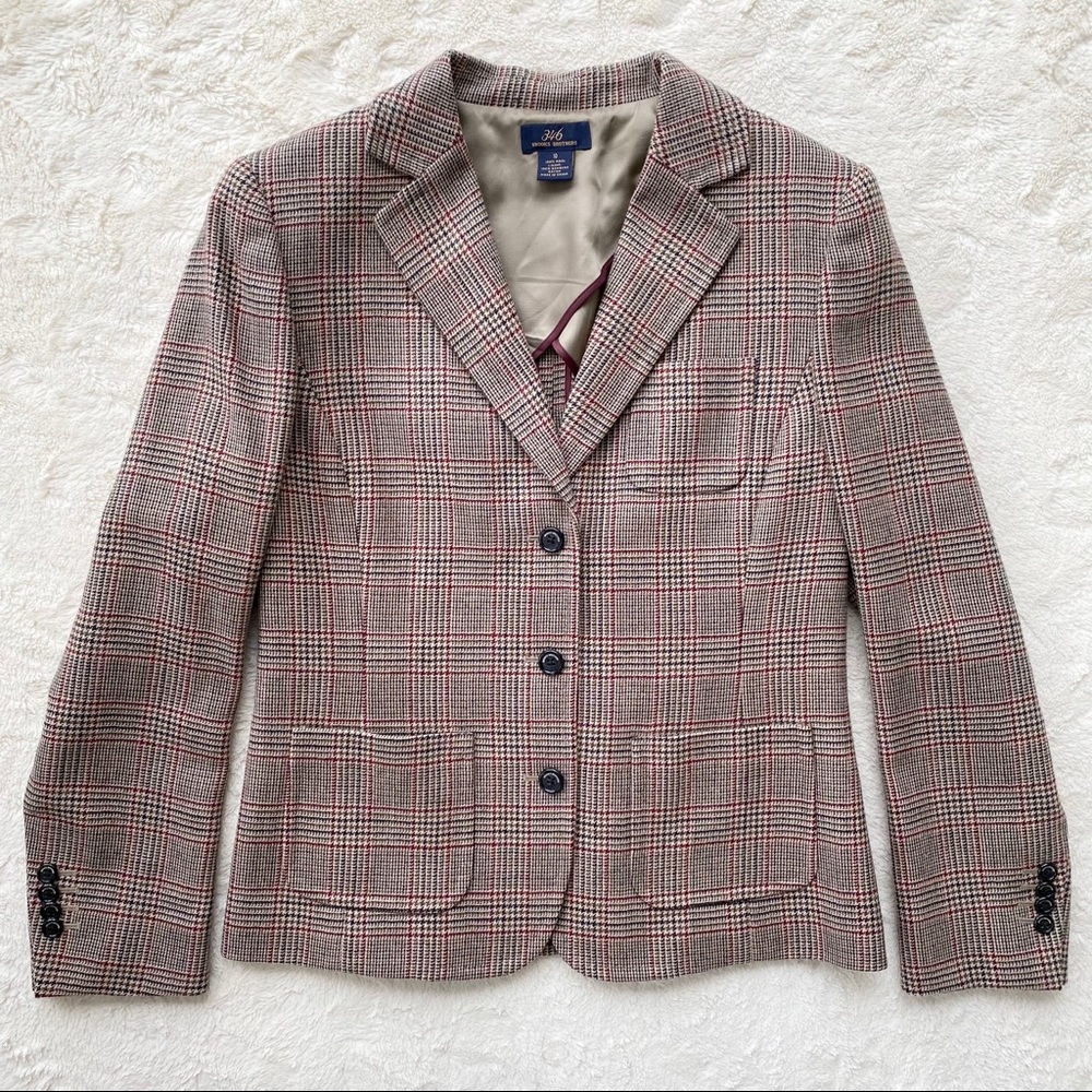 Brooks Brothers wool plaid blazer women green tan